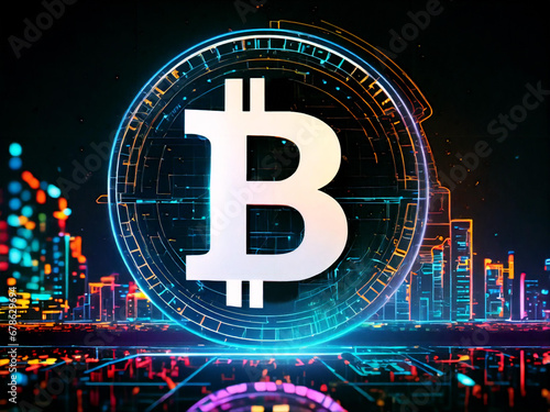 Abstract bitcoin sign standing in front of a city made of neon-colored data sets. 