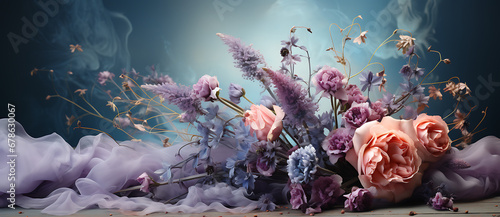 A Close up of flowers in the morning - Dreamlike, smokey background illustration, still-lifes, purple, pink and blue design. #678630067