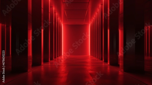 Futuristic corridor aglow with radiant red neon lights  creating a surreal journey through modern digital art and technology.