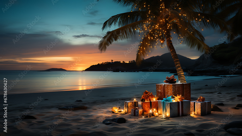 A isolated palm tree standing on the beach surrounded with some gifts and lights hanging in it. - obrazy, fototapety, plakaty 