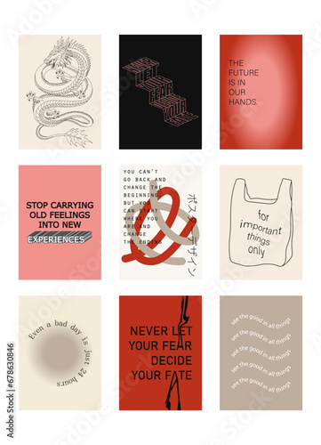Set of positive social media quotes, motivation posters on trendy abstract background in neutral colors (Japanese text translation: poster design).