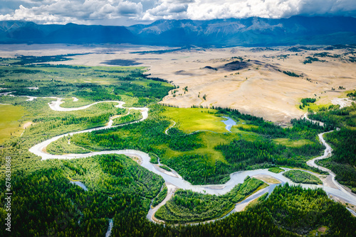 Summer landscape in the Altai mountains. Kurai steppe. Top view of the Chuya River valley. Kosh-Agachsky district of the Altai Republic, South of Western Siberia