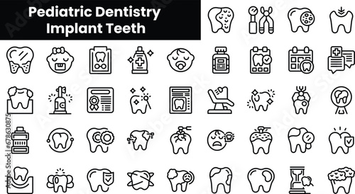 Set of outline pediatric dentistry implant teeth icons