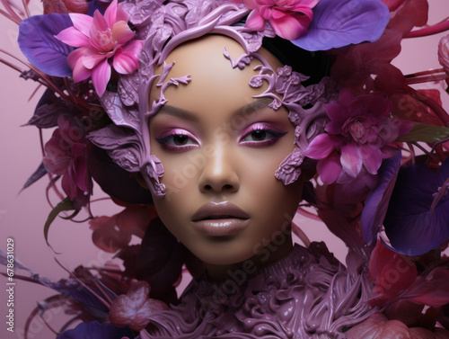 A female with modern fashion makeup featuring artistic purple leaf designs, Generative AI
