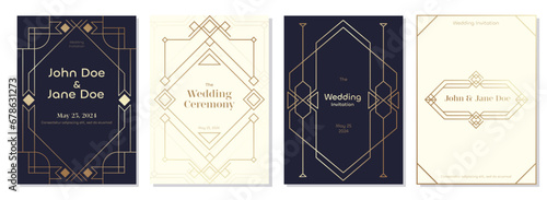 Art deco wedding invitation. Retro decorative label with geometric shapes and floral ornaments for wedding invitation postcard. Vector set