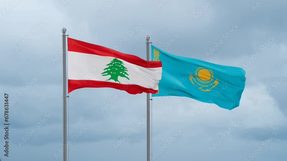Kazakhstan and Lebanon flag waving together on cloudy sky, endless seamless loop, two country cooperation concept Kazakhstan and Lebanon flag waving together on cloudy sky, endless seamless loop, two country cooperation concept