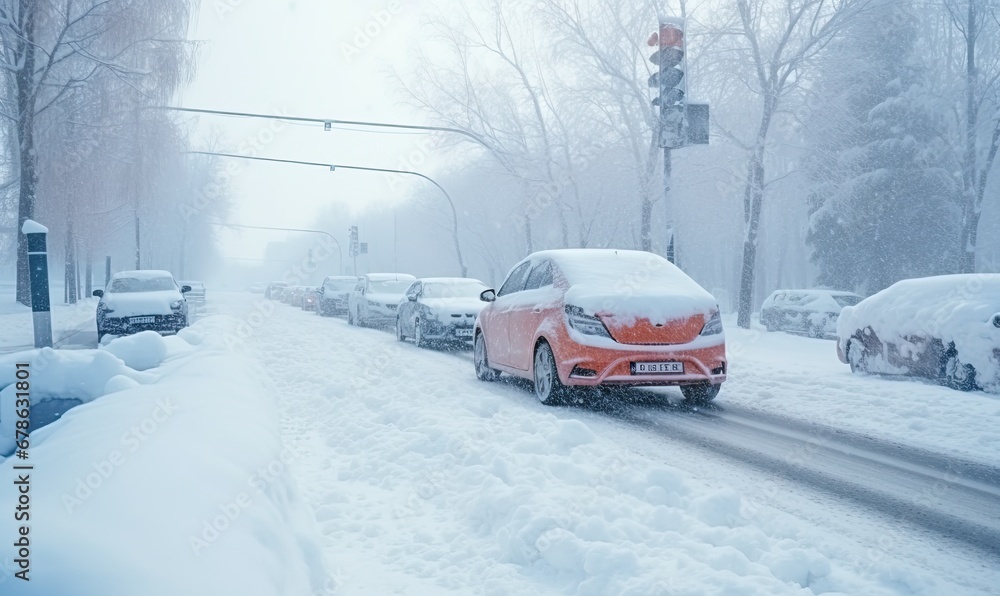 A Vibrant Red Car Speeding Through a Winter Wonderland