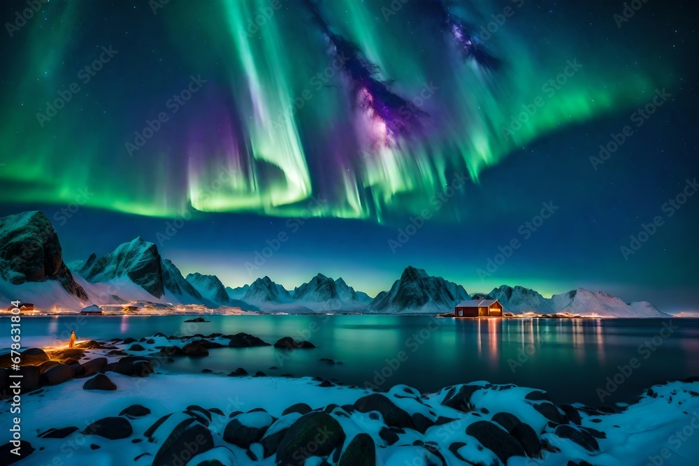 The starry sky serves as a backdrop for the dance of the northern lights, painting the landscape in hues of green and purple  generative ai technology
