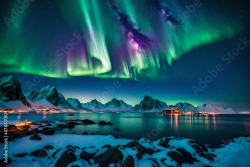The starry sky serves as a backdrop for the dance of the northern lights  painting the landscape in hues of green and purple  generative ai technology 