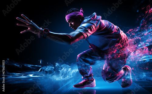 Man / dancer posing in bold style, in the style of light indigo and pink, futuristic organic, bold fashion photography photo