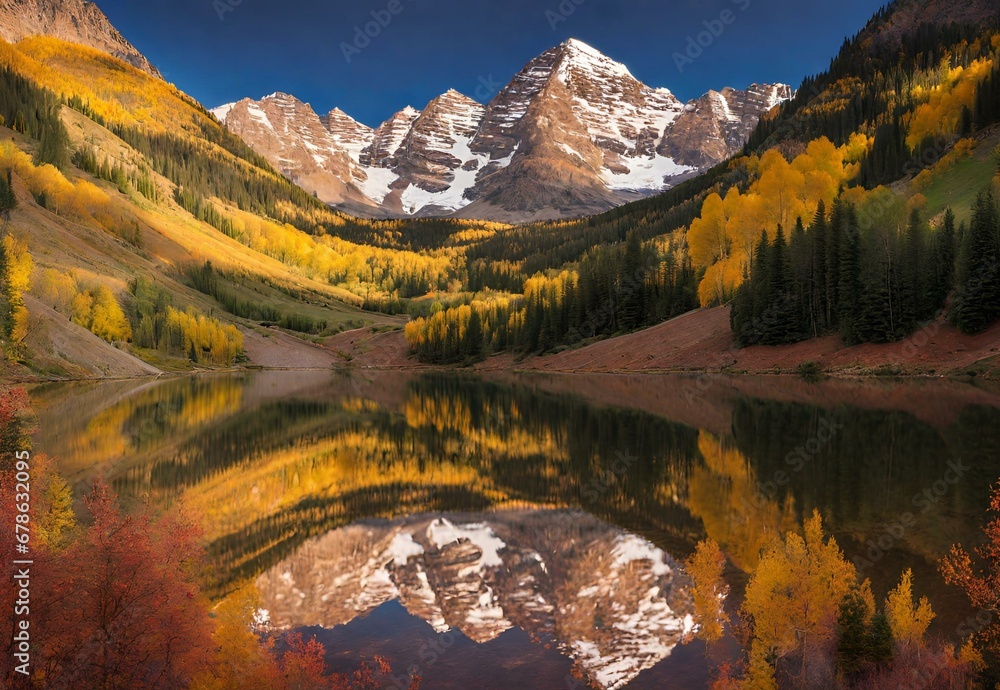 Naklejka premium Vermilion Vista: Colorado's Maroon Bells Autumn Radiance.