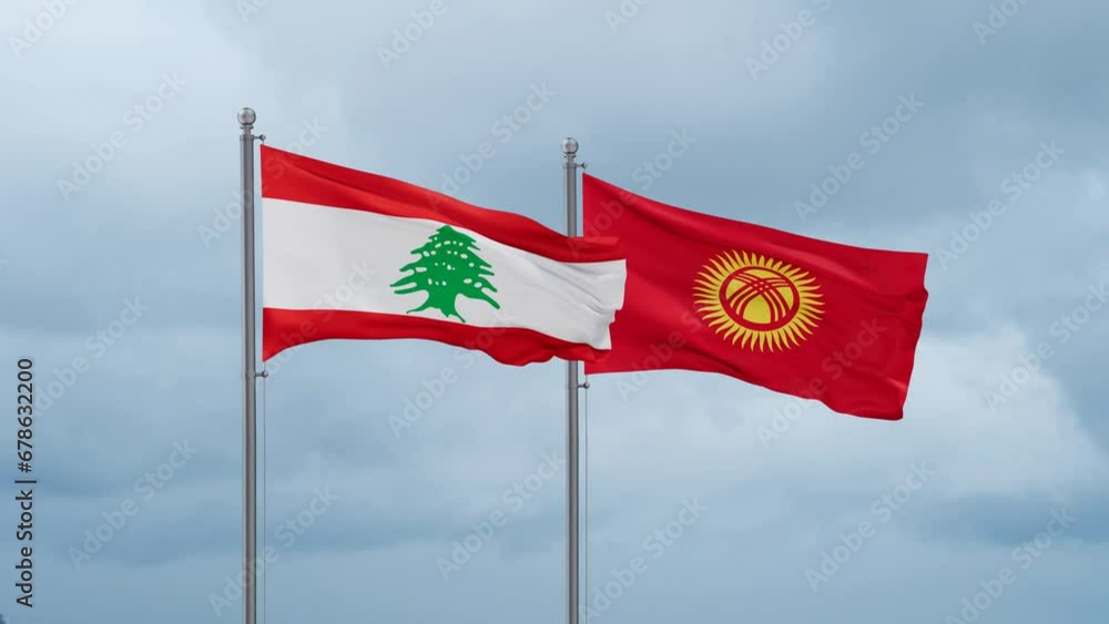 Kyrgyzstan flag and Lebanon flag waving together on cloudy sky, endless seamless loop, two country relations concept Kyrgyzstan flag and Lebanon flag waving together on cloudy sky, endless seamless loop, two country relations concept