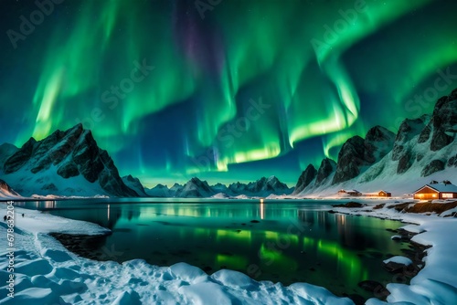 The starry sky serves as a backdrop for the dance of the northern lights, painting the landscape in hues of green and purple generative ai technology 