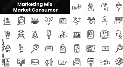 Set of outline marketing mix market consumer icons