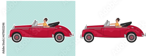 vector illustration of lady driving a retro red convertible car. old style vintage illustration of open-top car. beautiful girl in scarlet cabriolet on transparent background