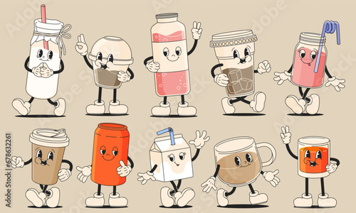 Retro cartoon drinks. Groovy 80s 90s alcohol beverage funny characters. Cartoon colorful alcohol for bar cafe restaurant, alcohol concept. Vector set