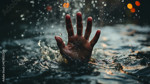 The desperate hand of a drowning person in sea water, quickly needing help and rescue - Drowning concept to illustrate emergency, panic, bankruptcy, depression, burnout, mental load, need assistance photo