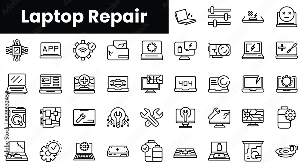 Set of outline laptop repair icons