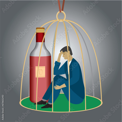 Man trapped in cage with wine bottle. Square composition. Vector illustration.