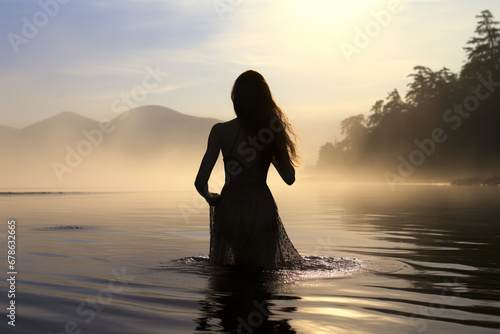 Beatiful girl in an elegant wedding dress walking into a lake, in sunrise and dense fog, in silhouette