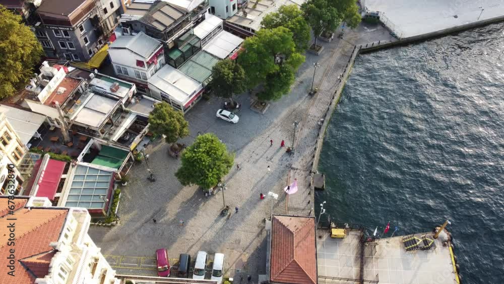 Aerial top drone view of street life next to Ortaköy mosque Aerial top drone view of street life next to Ortaköy mosque