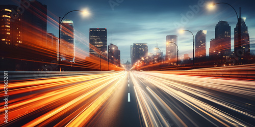 Digital Highway, Motion Effect, Fast Street, City silhouette and glowing headlamp trails on road. Flowing road with blurred motion visually conveying rapid speed and efficient transfer, generative Ai photo