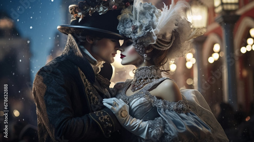 stockphoto, stockphoto, portrait of coupleduring carnival in venice. Must-see place in Italy, europe. Beautiful costumes during carnival celebration in Venice, Wonderful almost magical atmoshpere, moo