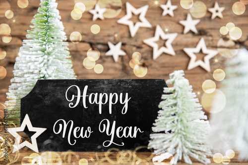 Wallpaper Mural Christmas Trees, Rustic Holiday Background With Sign With Text Happy New Year Torontodigital.ca