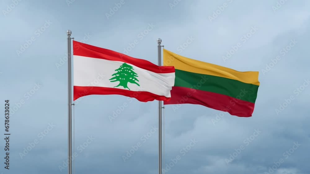 Lithuania flag and Lebanon flag waving together on cloudy sky, endless seamless loop, two country relations concept Lithuania flag and Lebanon flag waving together on cloudy sky, endless seamless loop, two country relations concept