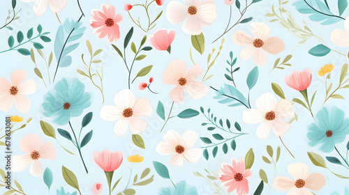 Seamless floral ornament with cute cartoon flowers and leaves texture marble. Generative Ai.