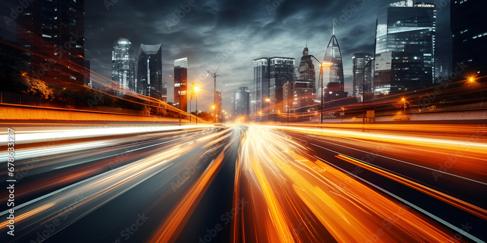 City Fast, City Dynamics, Smart digital city with high speed light trail of cars of digital data transfer, Motion Effect, Abstract motion blur city. Colored halation from car beam and traffic light.