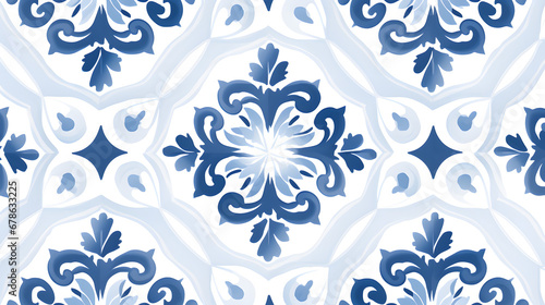 Seamless tiles background in Portuguese style. Blue and white mosaic pattern texture marble. Generative Ai.