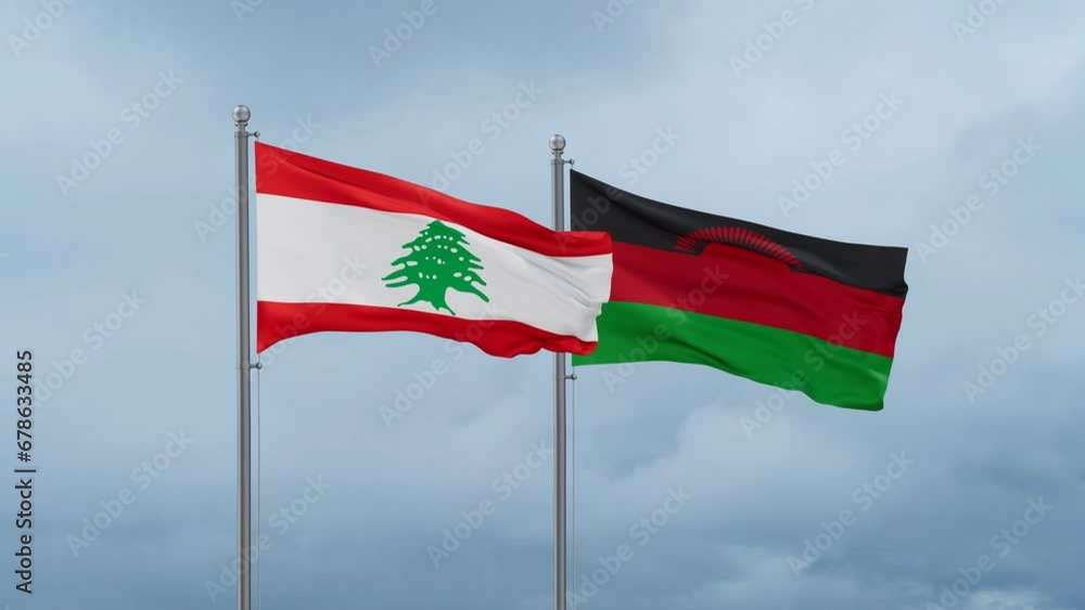 Malawi flag and Lebanon flag waving together on cloudy sky, endless seamless loop, two country relations concept Malawi flag and Lebanon flag waving together on cloudy sky, endless seamless loop, two country relations concept