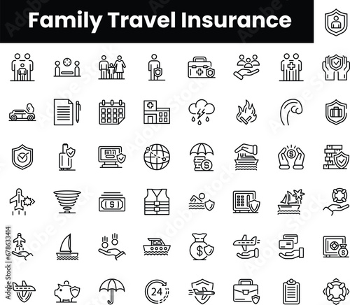 Set of outline family travel insurance icons