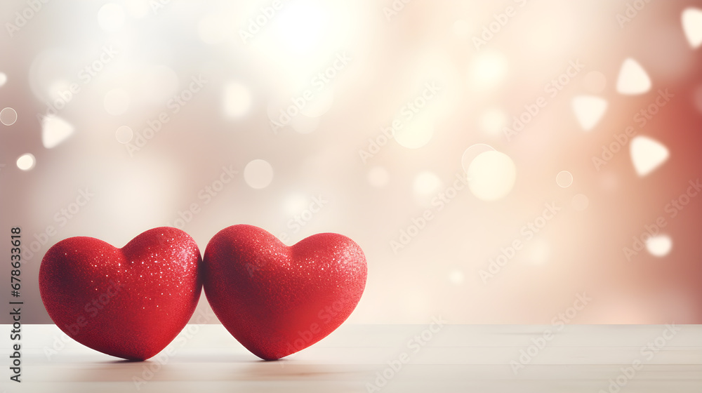 Valentine's Day. Two red hearts on wooden table with bokeh background. Happy Valentine's Day background. Banner, web poster for Anniversary, Holiday, Birthday, Wedding, Romantic, Couple.