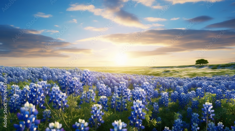 Obraz premium A field of bluebonnets, Texas' iconic wildflower, with their brilliant blue blossoms creating a sea of vibrant beauty.