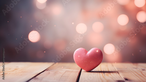 Valentine's Day. Pink heart on wooden table with night light bokeh background. Happy Valentine's Day background. Banner, web poster for Anniversary, Holiday, Birthday, Wedding, Romantic, Couple. photo