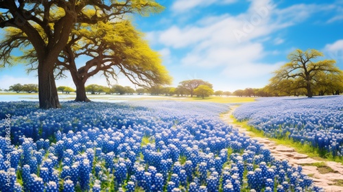 A field of bluebonnets, Texas' iconic wildflower, with their brilliant blue blossoms creating a sea of vibrant beauty.