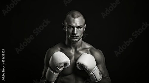 Young boxer man staring with determination in his eyes on black background.