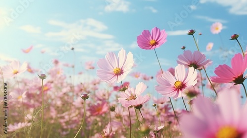 A field of cosmos flowers  their delicate petals swaying in the wind  resembling a celestial dance of nature.