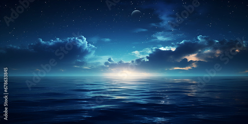 Thunder Sea , 3d rendering Light in the sea at night, A view of the ocean with a full moon and stars, A night sky over the ocean with stars and clouds, generative Ai