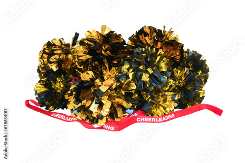 Gold and black pompoms with a red cheerleading ribbon photo