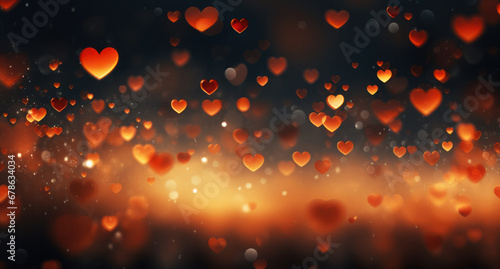 Background for Valentine's card with many hearts and blurred lights, Generative AI