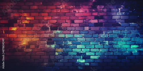 Old brick wall background fluorescent colors grunge texture, Colored Bricks, Colorful Bricks Background, A brick wall with a rainbow on it, generative Ai 