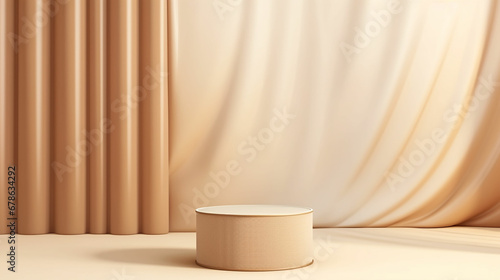 Abstract realistic Beige and Cream 3D cylinder pedestal podium with vertical curtain backdrop. Luxury brown minimal scene for cosmetic product display presentation. Made with generative ai