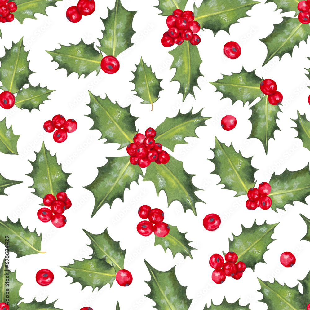 Christmas seamless pattern with holly,red berries,green leaves..Festive background for winter holidays New Year,Christmas.For wrapping paper, fabric, cards.Markers and watercolor.Hand drawn isolated. Christmas seamless pattern with holly,red berries,green leaves..Festive background for winter holidays New Year,Christmas.For wrapping paper, fabric, cards.Markers and watercolor.Hand drawn isolated.