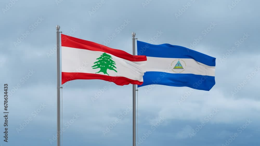 Nicaragua flag and Lebanon flag waving together on cloudy sky, endless seamless loop, two country relations concept Nicaragua flag and Lebanon flag waving together on cloudy sky, endless seamless loop, two country relations concept