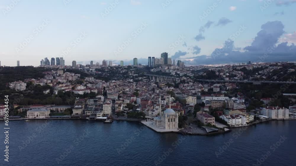 Aerial top drone view of street life next to Ortaköy mosque Aerial top drone view of street life next to Ortaköy mosque