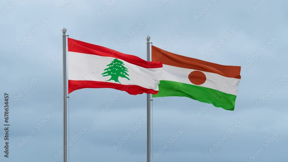 Niger flag and Lebanon flag waving together on cloudy sky, endless seamless loop, two country relations concept Niger flag and Lebanon flag waving together on cloudy sky, endless seamless loop, two country relations concept