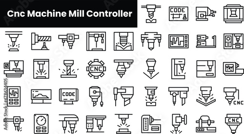 Set of outline cnc machine mill controller icons photo